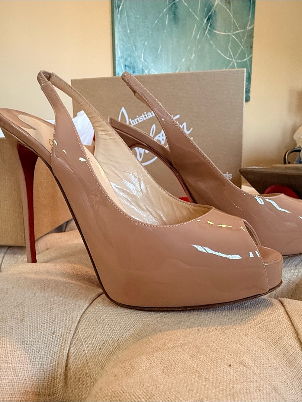 Christian Louboutin Nude Patent Peep-Toe Slingback Heels - Picture 8 of 9